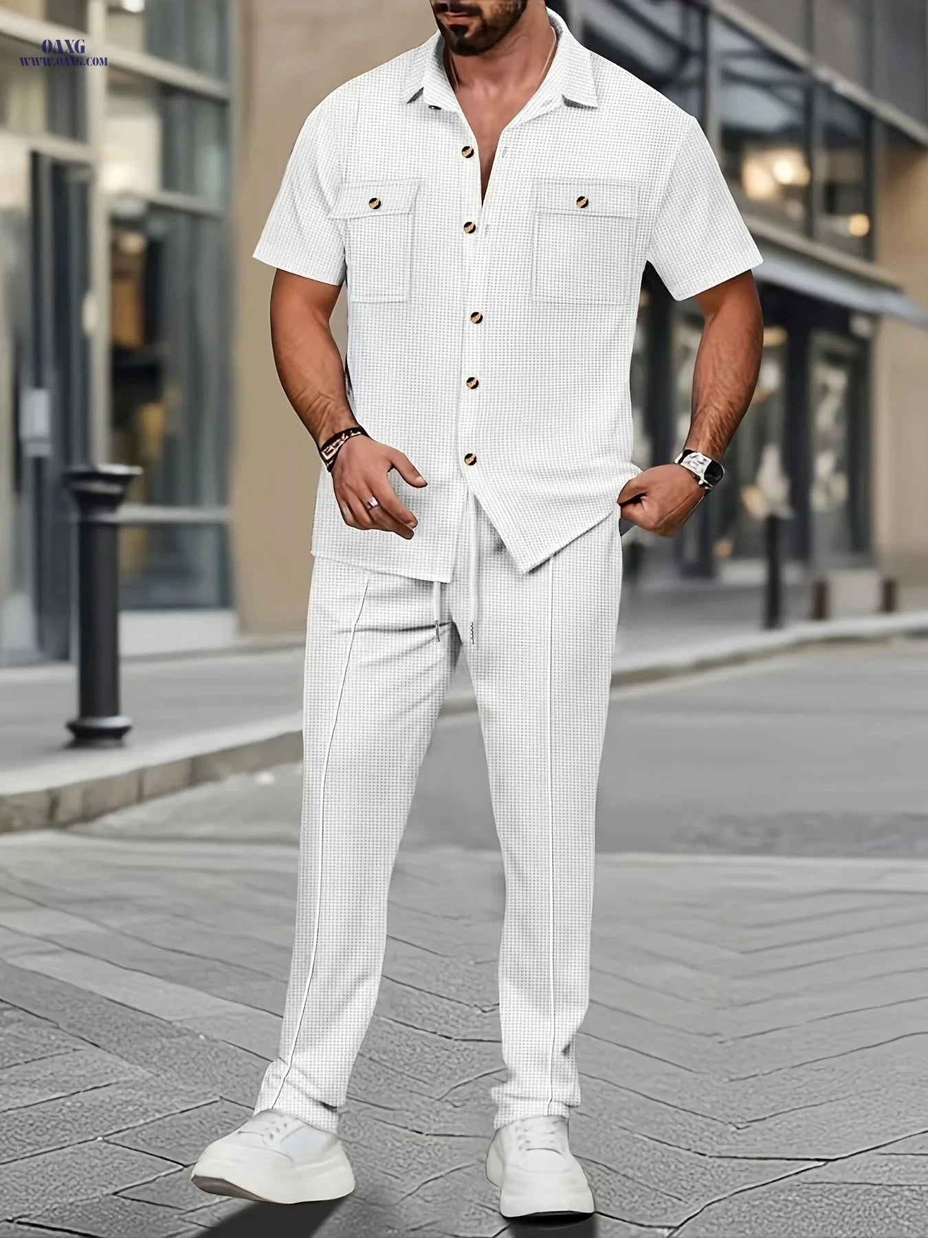 Men's Casual Short Sleeve Shirt & Pants Set - Textured Style   OAXG 