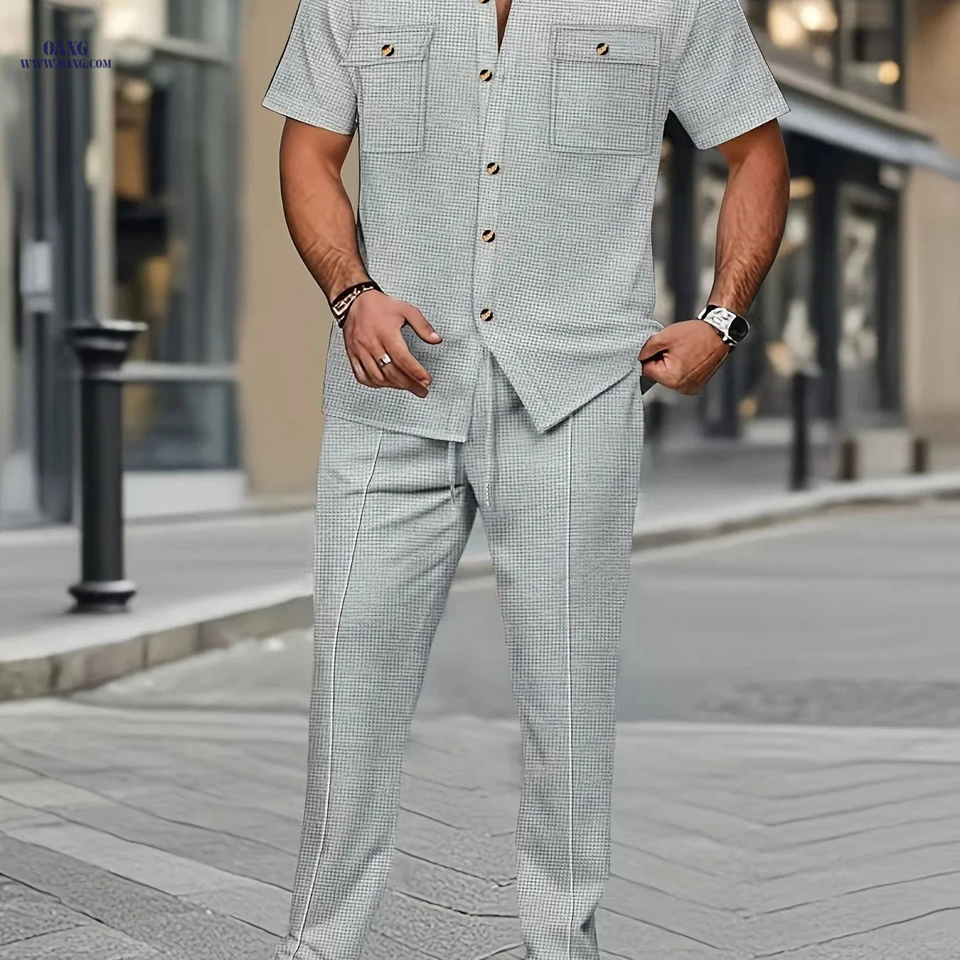 Men's Casual Short Sleeve Shirt & Pants Set - Textured Style   OAXG Light Grey / FR S