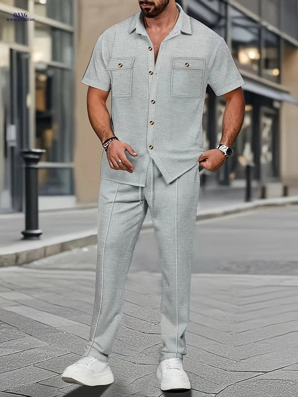 Men's Casual Short Sleeve Shirt & Pants Set - Textured Style   OAXG Light Grey / FR S