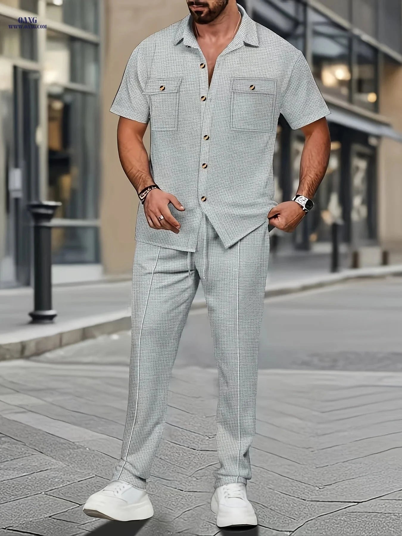 Men's Casual Short Sleeve Shirt & Pants Set - Textured Style   OAXG Light Grey / FR S