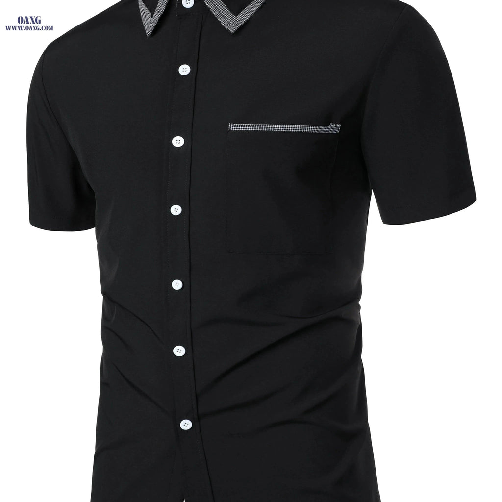 Men's Casual Short Sleeve Shirt - Plaid Collar, Classic Design   OAXG Black / FR S