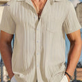Men's Casual Short Sleeve Shirt - Solid Color, Button-Up, Machine Washable   OAXG 