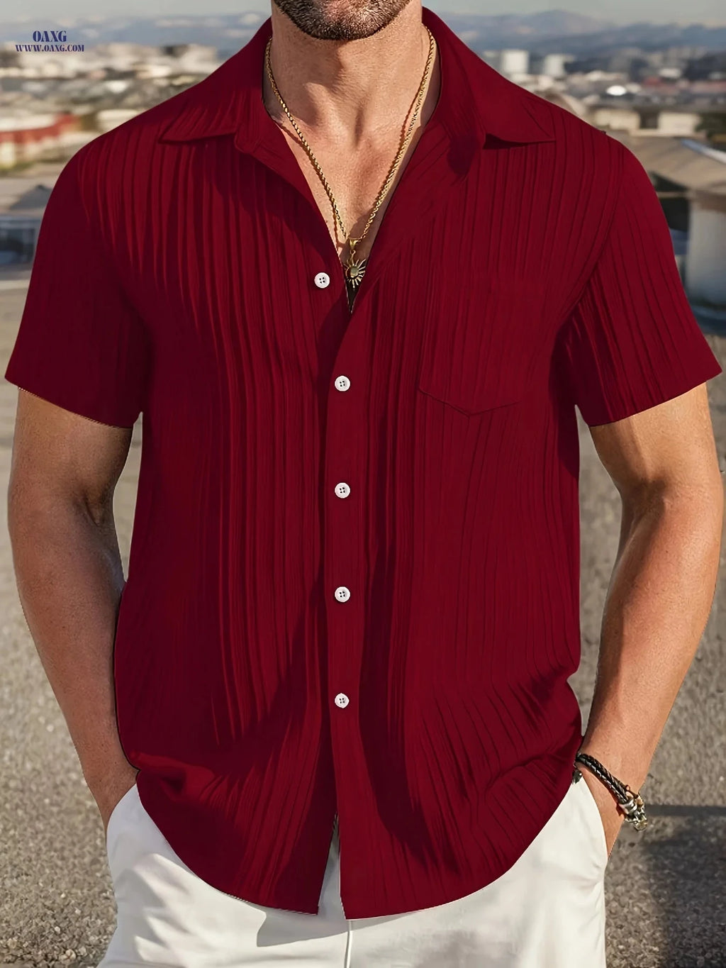 Men's Casual Short Sleeve Shirt - Solid Color, Button-Up, Machine Washable   OAXG Khaki / FR S