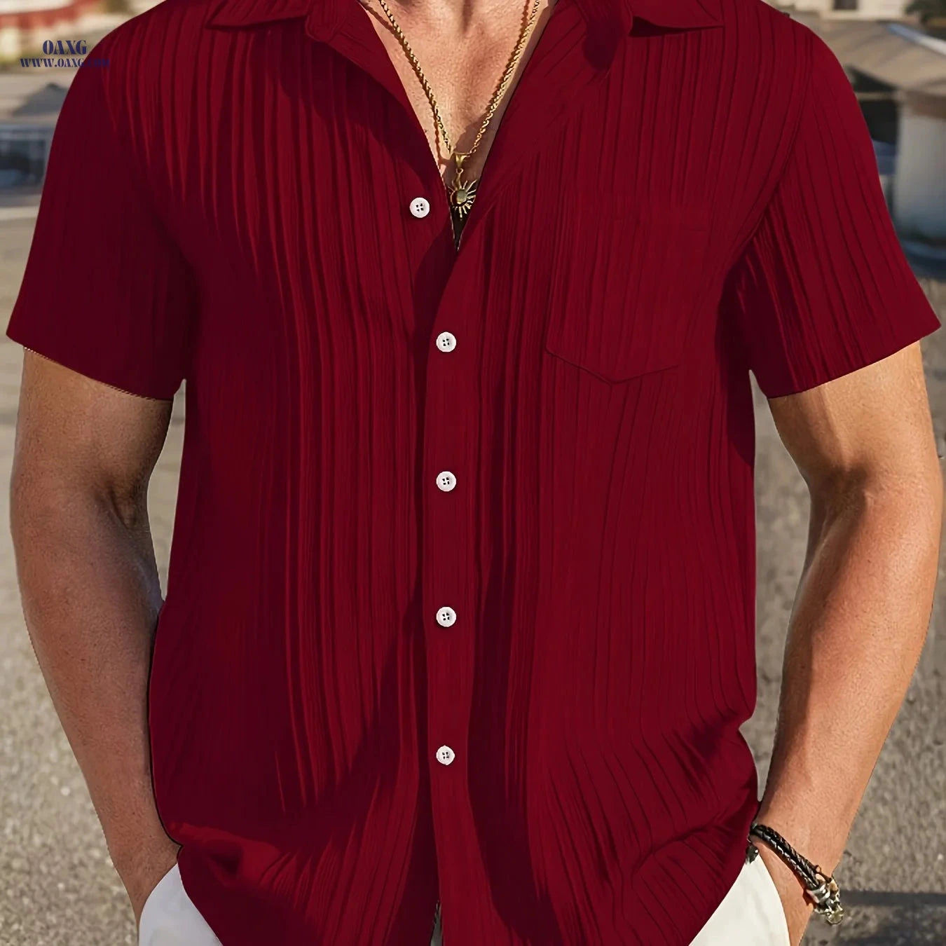 Men's Casual Short Sleeve Shirt - Solid Color, Button-Up, Machine Washable   OAXG Khaki / FR S