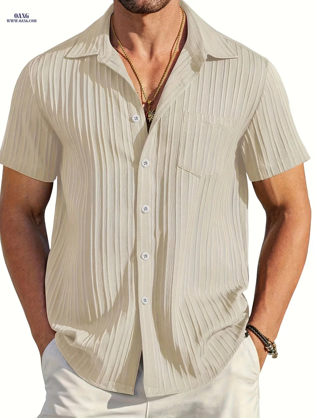 Men's Casual Short Sleeve Shirt - Solid Color, Button-Up, Machine Washable   OAXG 