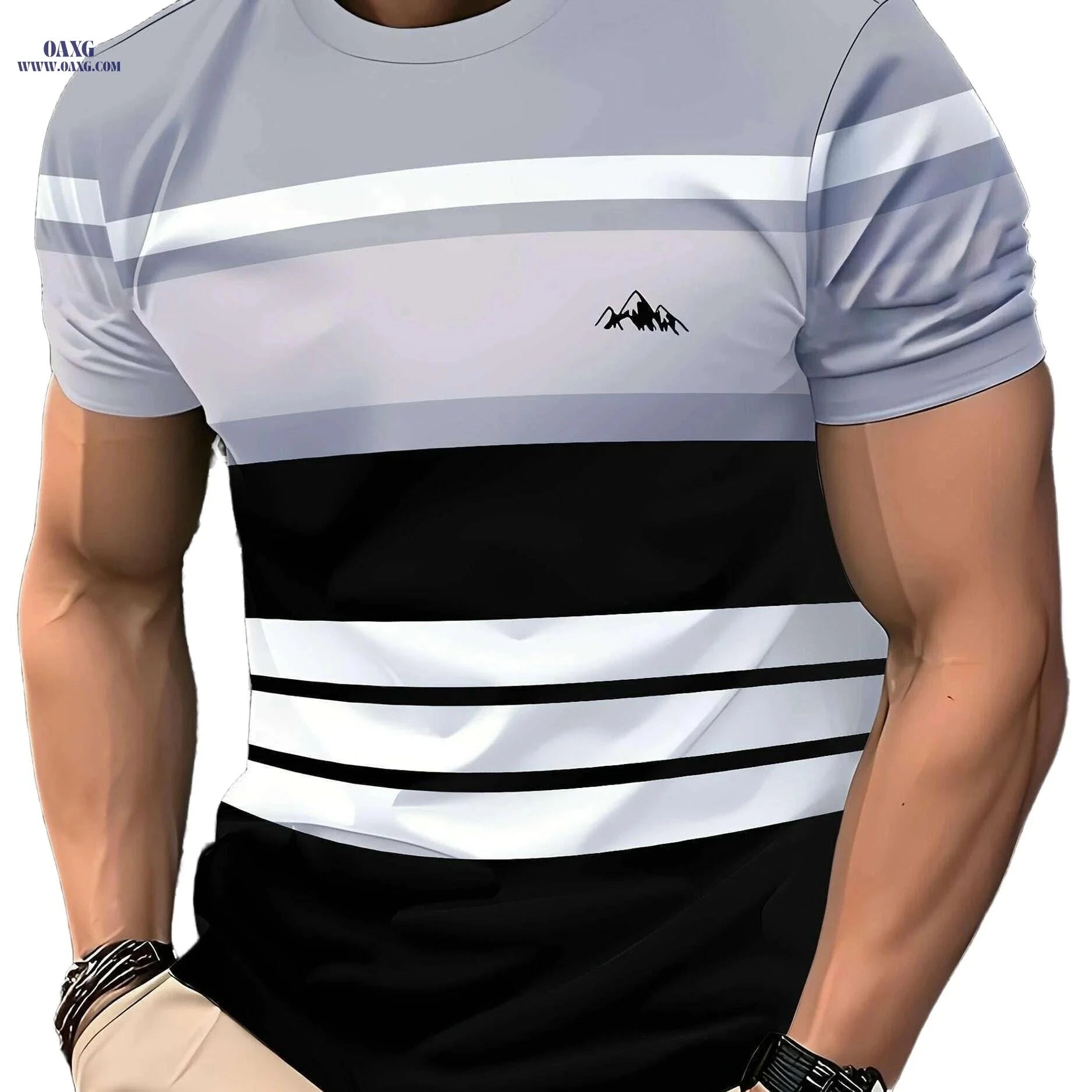 Men's Casual Short Sleeve T-Shirt - Striped Mountain Graphic Tee   OAXG 