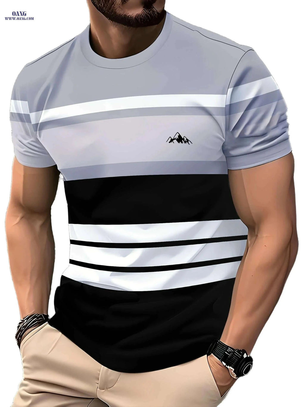 Men's Casual Short Sleeve T-Shirt - Striped Mountain Graphic Tee   OAXG Deep Red / S