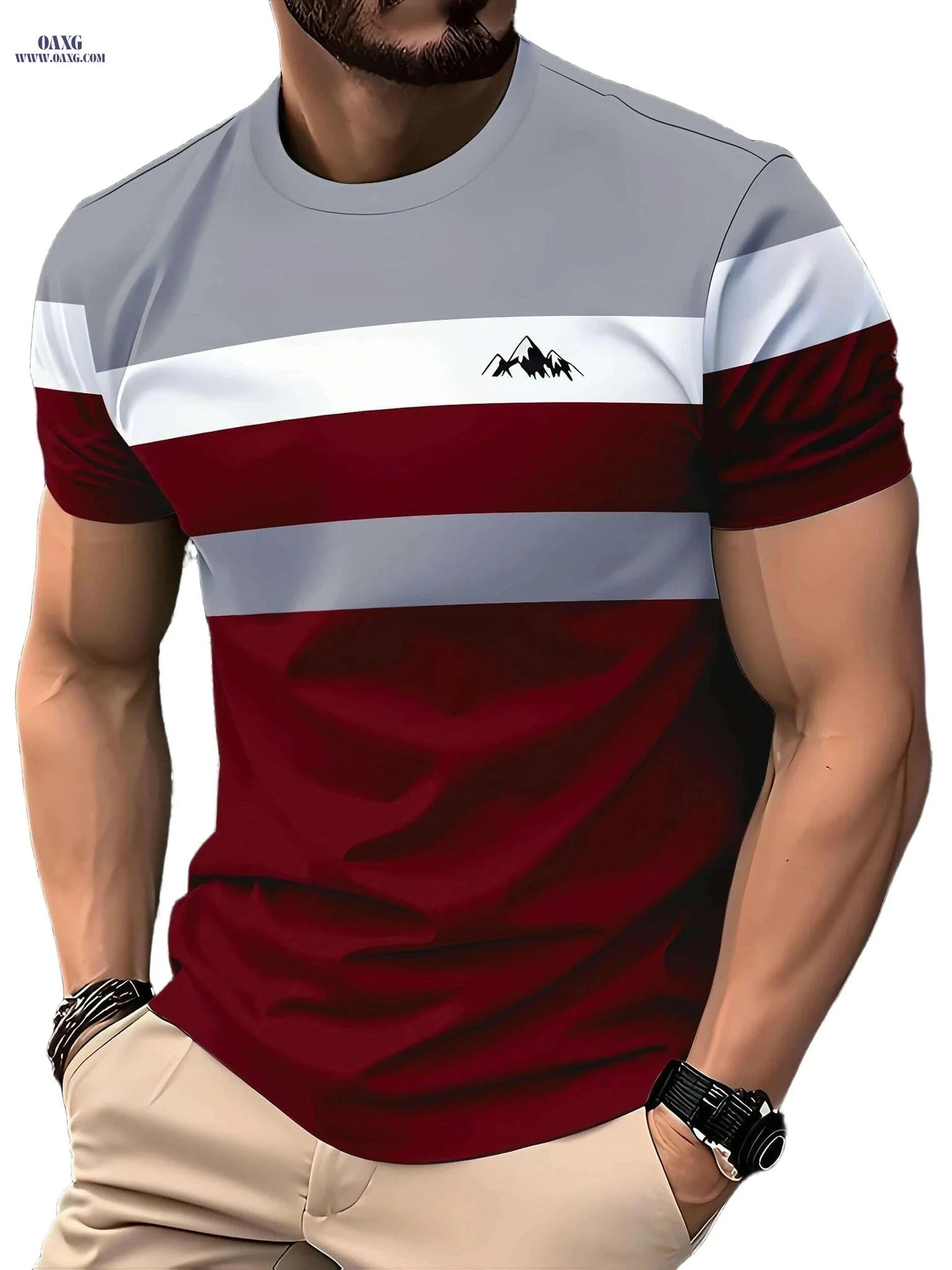 Men's Casual Short Sleeve T-Shirt - Striped Mountain Graphic Tee   OAXG Deep Red / S