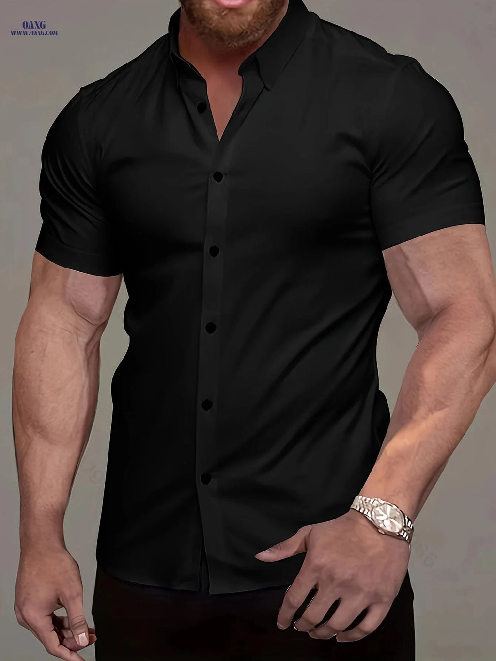Men's Casual Short-Sleeve Turn-Collar Shirt - Wrinkle-Free Polyester   OAXG 