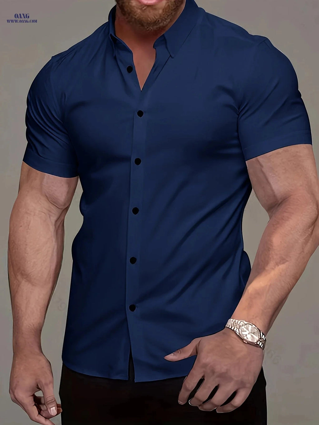 Men's Casual Short-Sleeve Turn-Collar Shirt - Wrinkle-Free Polyester   OAXG Grey / FR XL