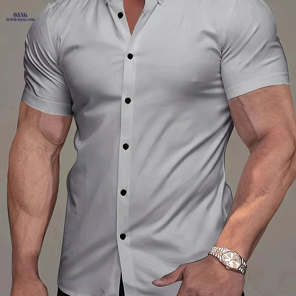 Men's Casual Short-Sleeve Turn-Collar Shirt - Wrinkle-Free Polyester   OAXG Grey / FR XL