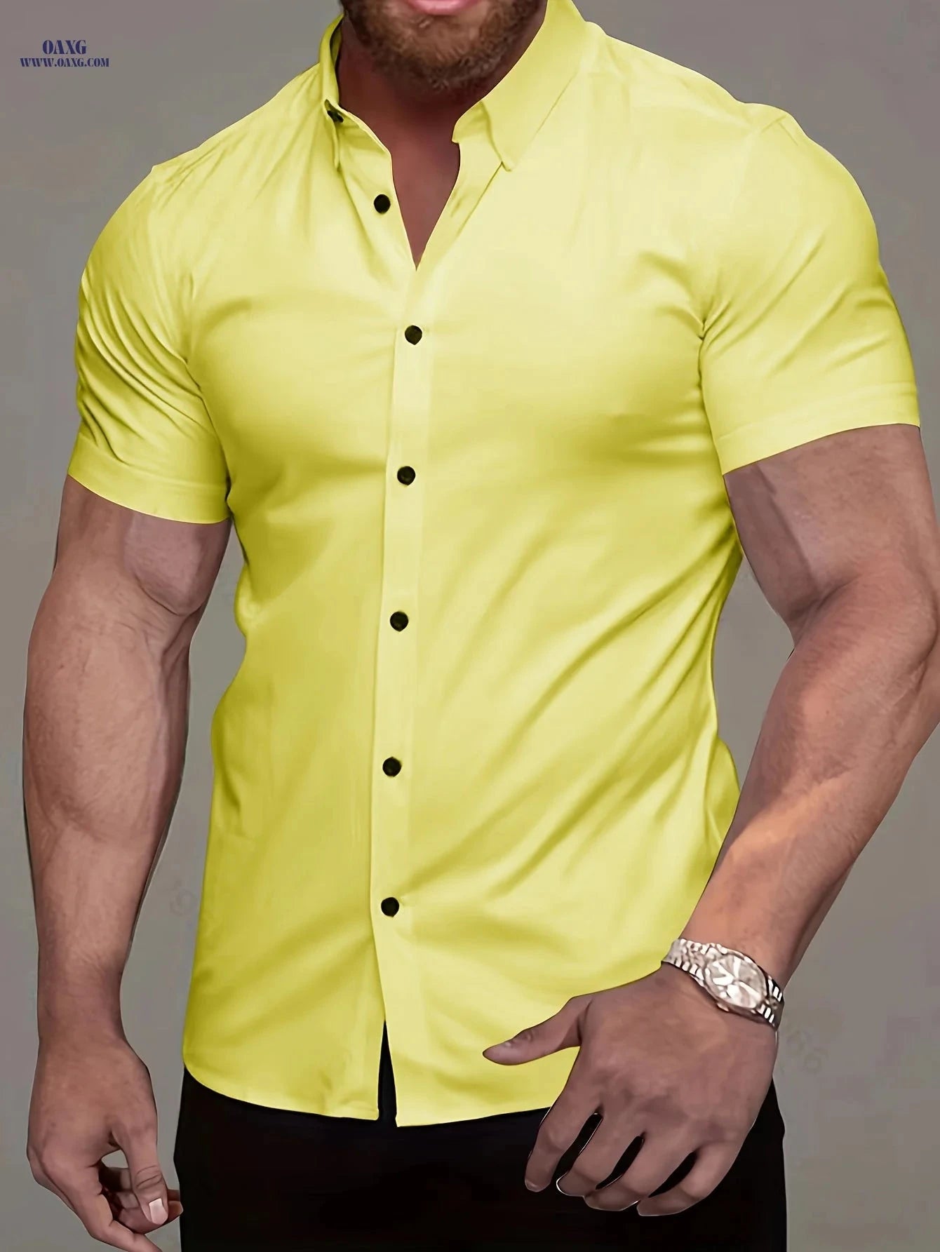 Men's Casual Short-Sleeve Turn-Collar Shirt - Wrinkle-Free Polyester   OAXG Grey / FR XL