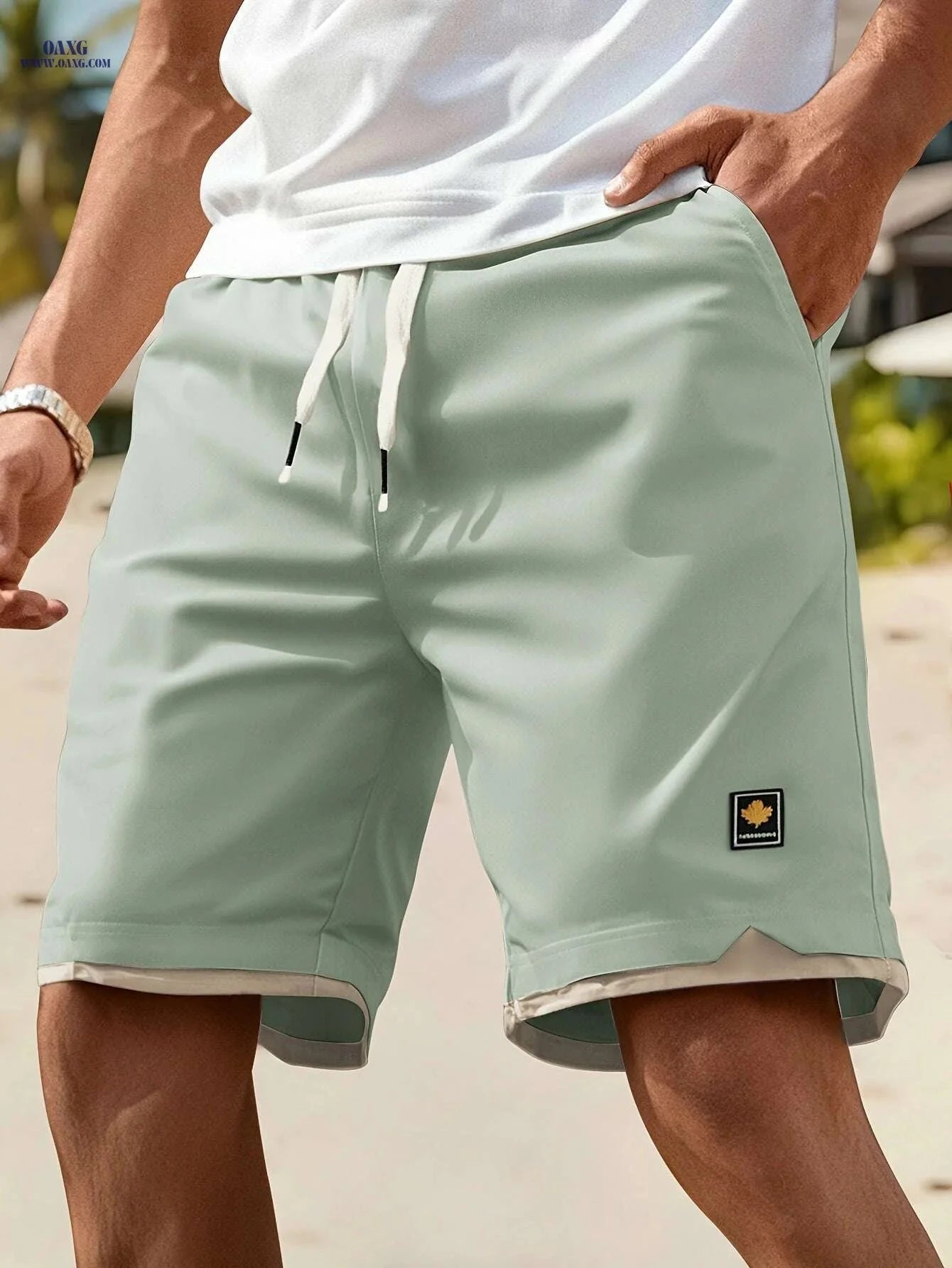 Men’s Casual Shorts - Faux Two-Piece Design with Drawstring Waist   OAXG Khaki / XXS