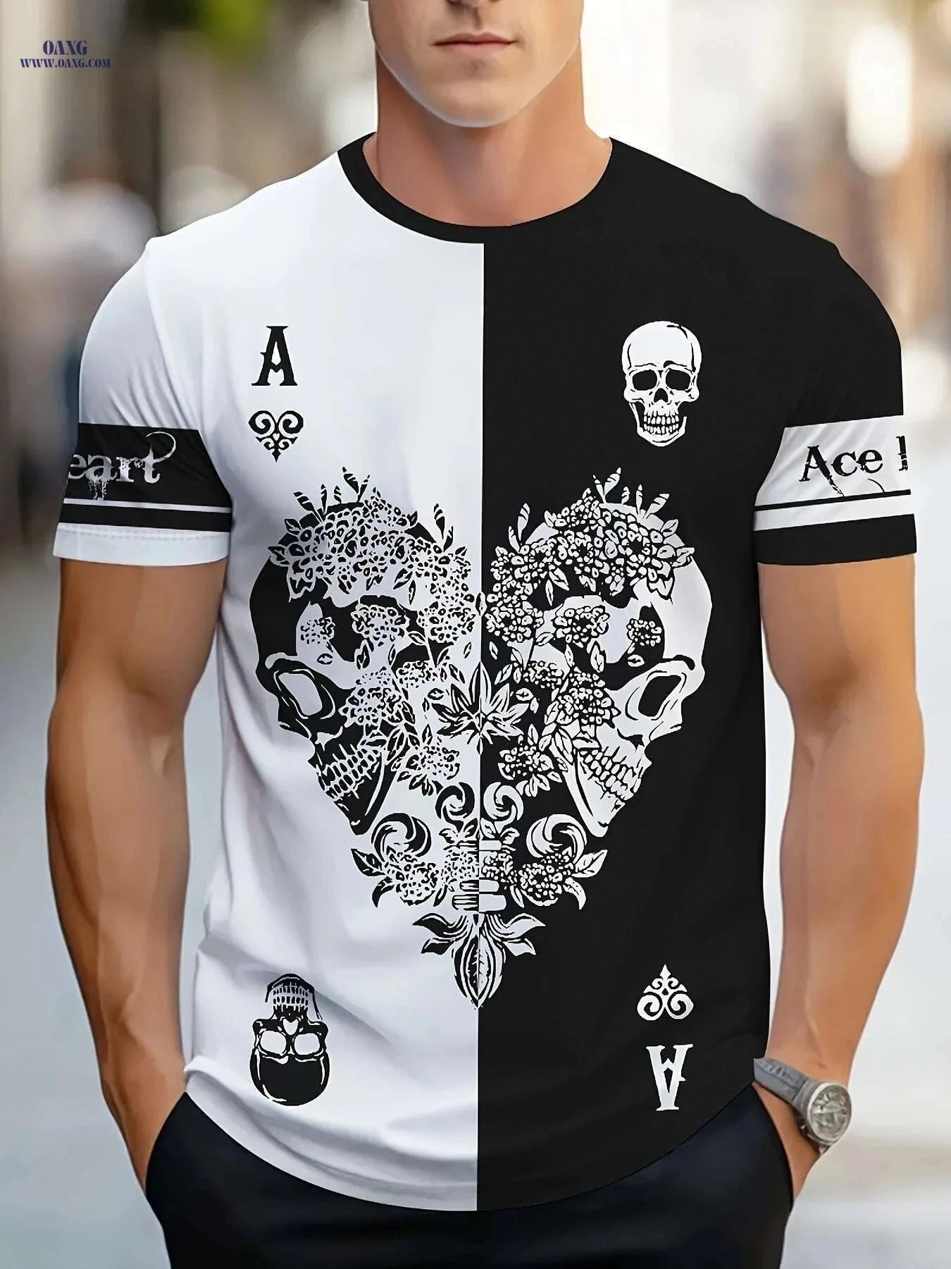 Men's Casual Skull Print T-Shirt - Short Sleeve Crew Neck Tee   OAXG 
