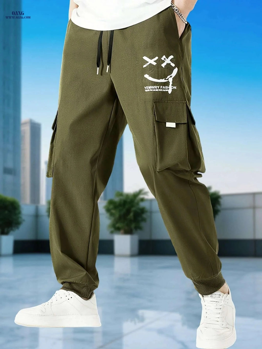Men's Casual Solid Color Cargo Pants - Drawstring, Multi-Pocket Style   OAXG 