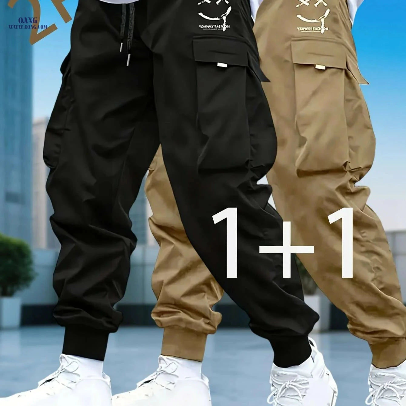 Men's Casual Solid Color Cargo Pants - Drawstring, Multi-Pocket Style   OAXG 
