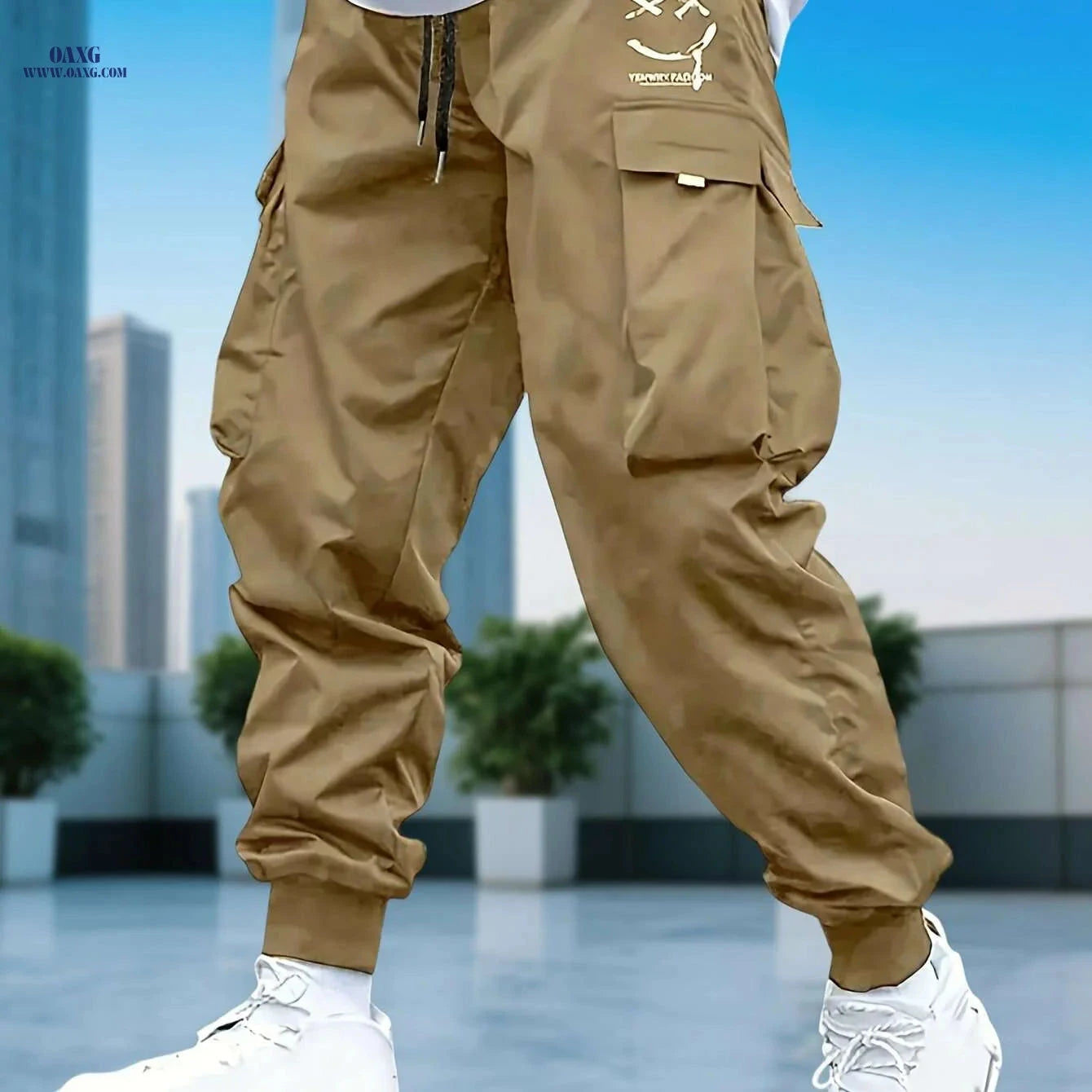 Men's Casual Solid Color Cargo Pants - Drawstring, Multi-Pocket Style   OAXG 
