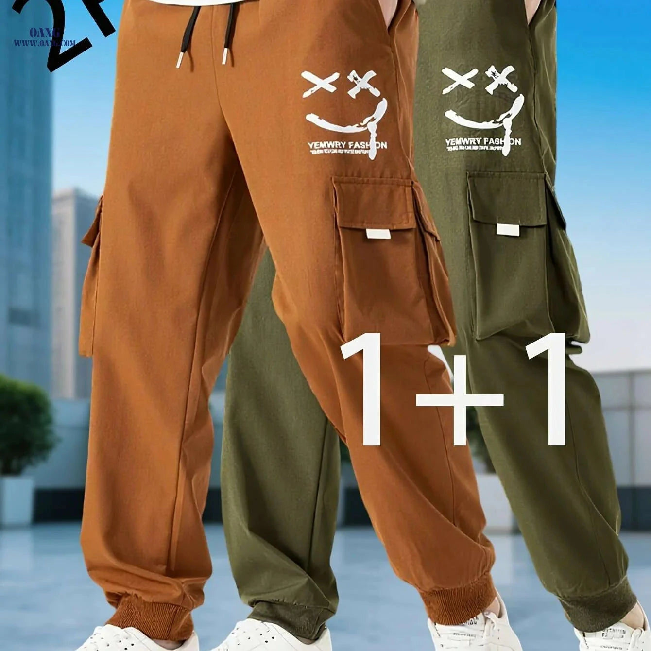Men's Casual Solid Color Cargo Pants - Drawstring, Multi-Pocket Style   OAXG 