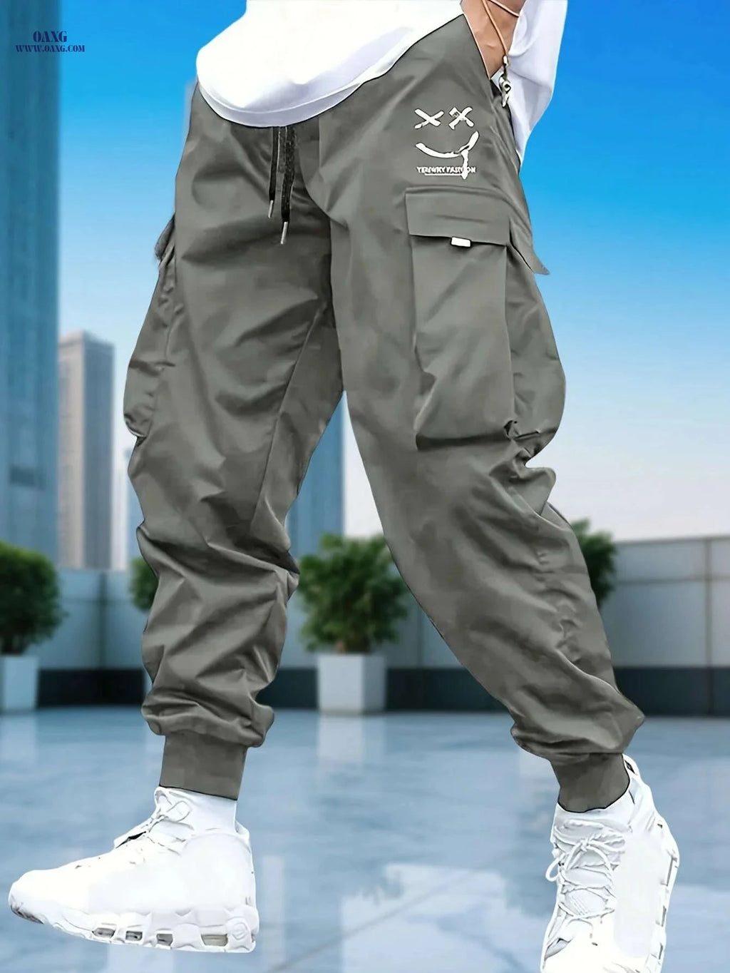 Men's Casual Solid Color Cargo Pants - Drawstring, Multi-Pocket Style   OAXG 