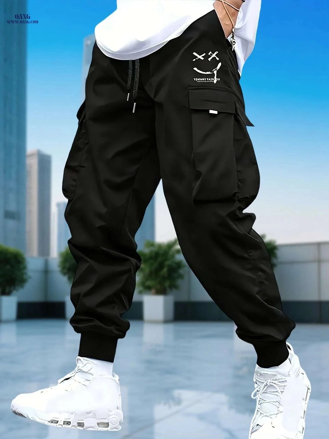 Men's Casual Solid Color Cargo Pants - Drawstring, Multi-Pocket Style   OAXG 