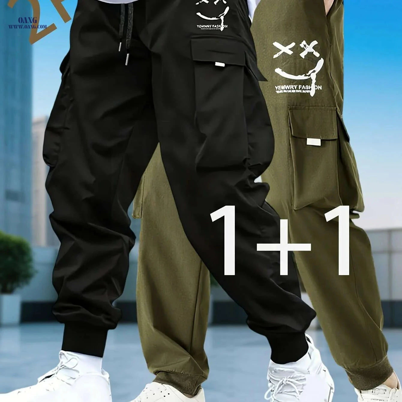 Men's Casual Solid Color Cargo Pants - Drawstring, Multi-Pocket Style   OAXG 