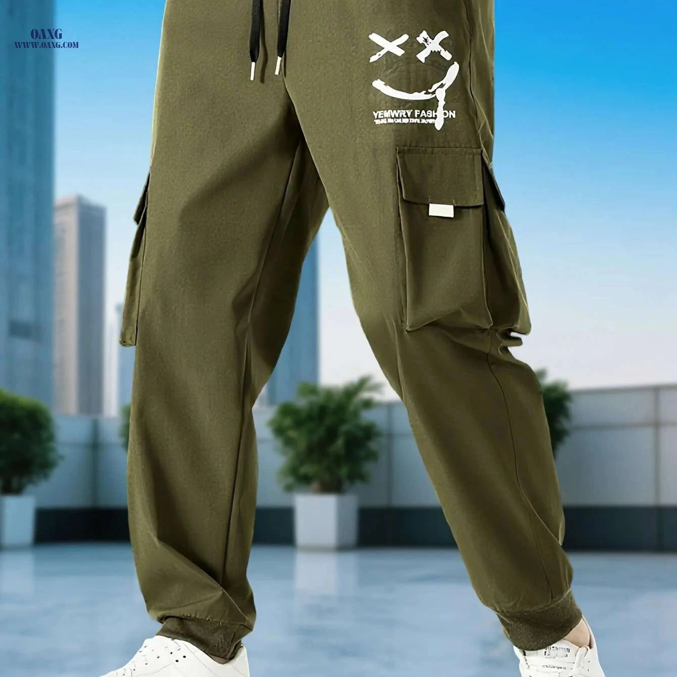 Men's Casual Solid Color Cargo Pants - Drawstring, Multi-Pocket Style   OAXG 