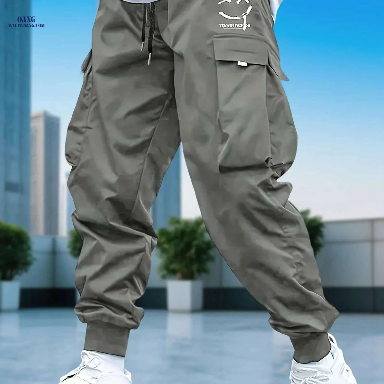 Men's Casual Solid Color Cargo Pants - Drawstring, Multi-Pocket Style   OAXG Black + Apricot / S