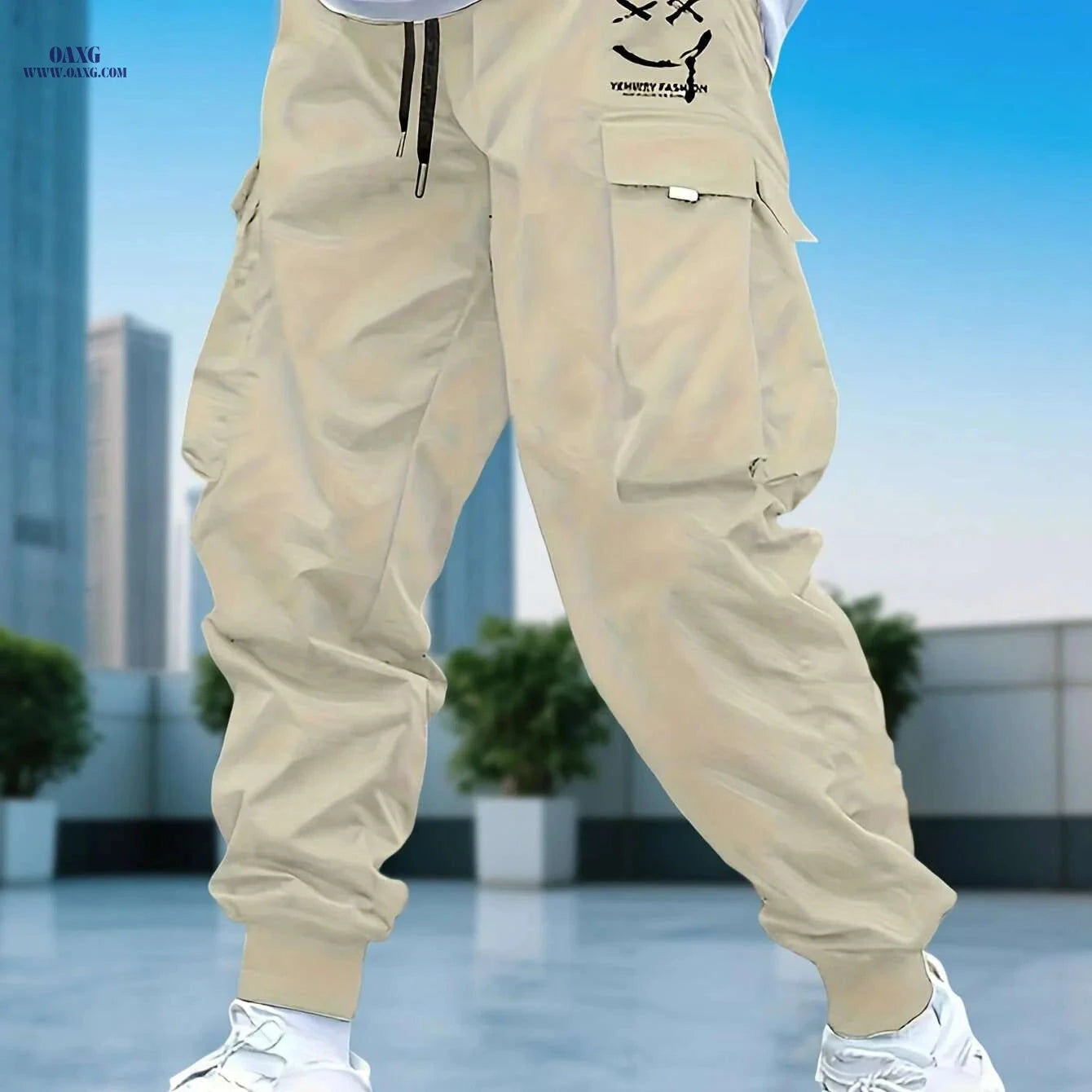 Men's Casual Solid Color Cargo Pants - Drawstring, Multi-Pocket Style   OAXG Black + Apricot / S