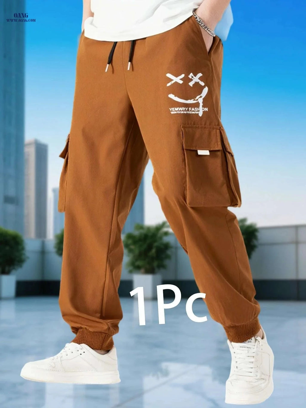 Men's Casual Solid Color Cargo Pants - Drawstring, Multi-Pocket Style   OAXG Black + Apricot / S