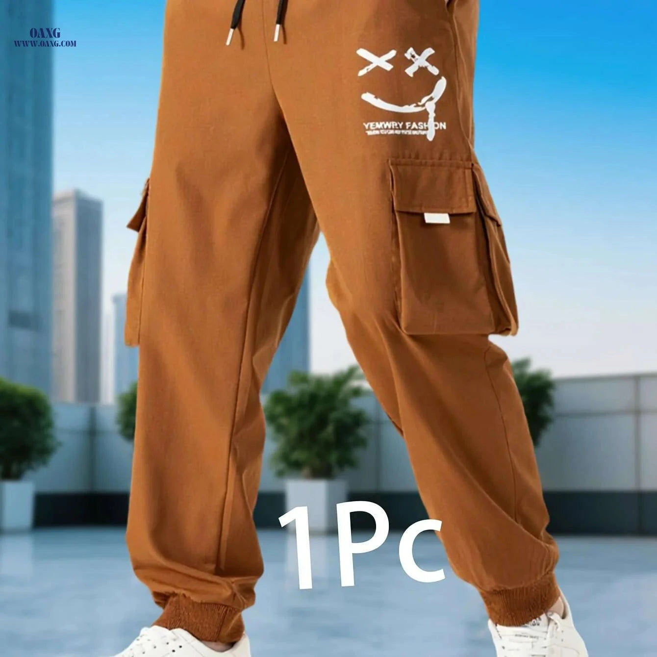 Men's Casual Solid Color Cargo Pants - Drawstring, Multi-Pocket Style   OAXG Black + Apricot / S