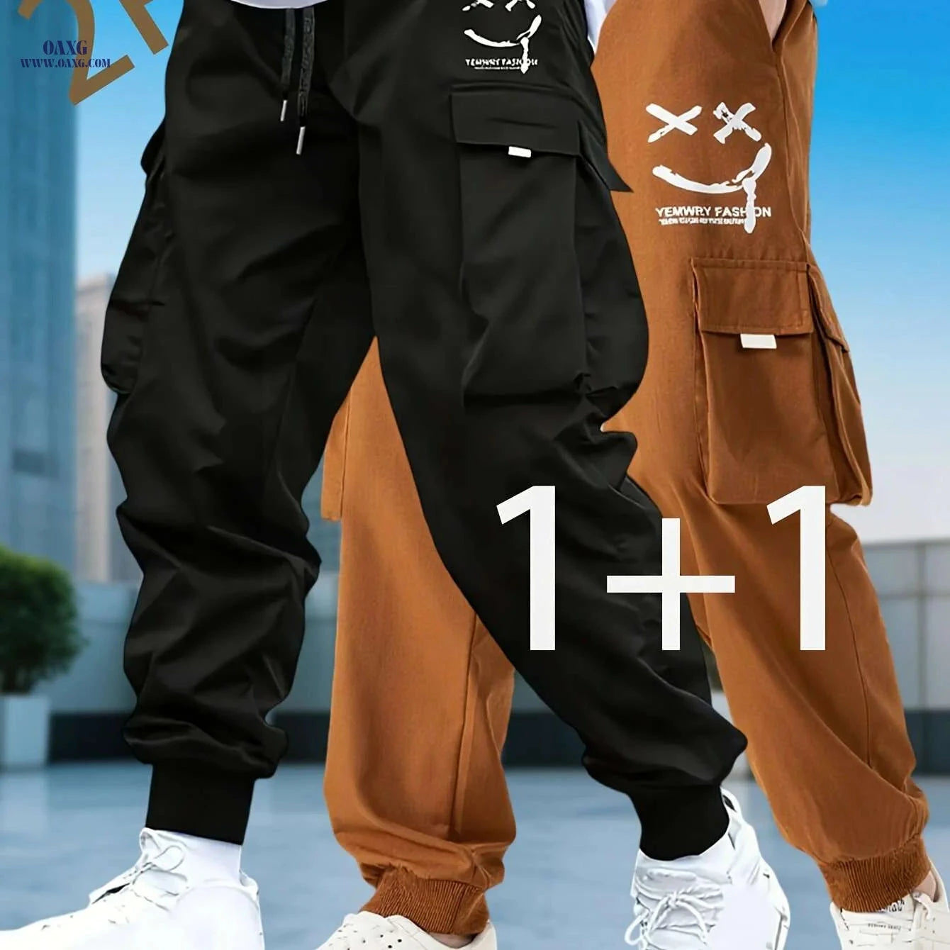 Men's Casual Solid Color Cargo Pants - Drawstring, Multi-Pocket Style   OAXG Black + Apricot / S
