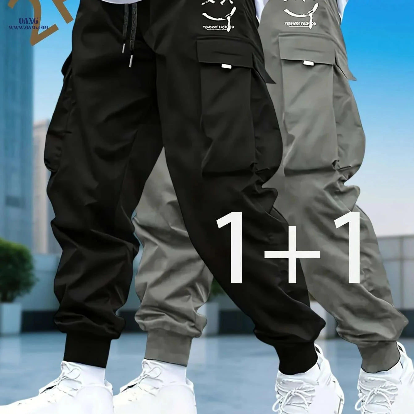 Men's Casual Solid Color Cargo Pants - Drawstring, Multi-Pocket Style   OAXG Black + Apricot / S