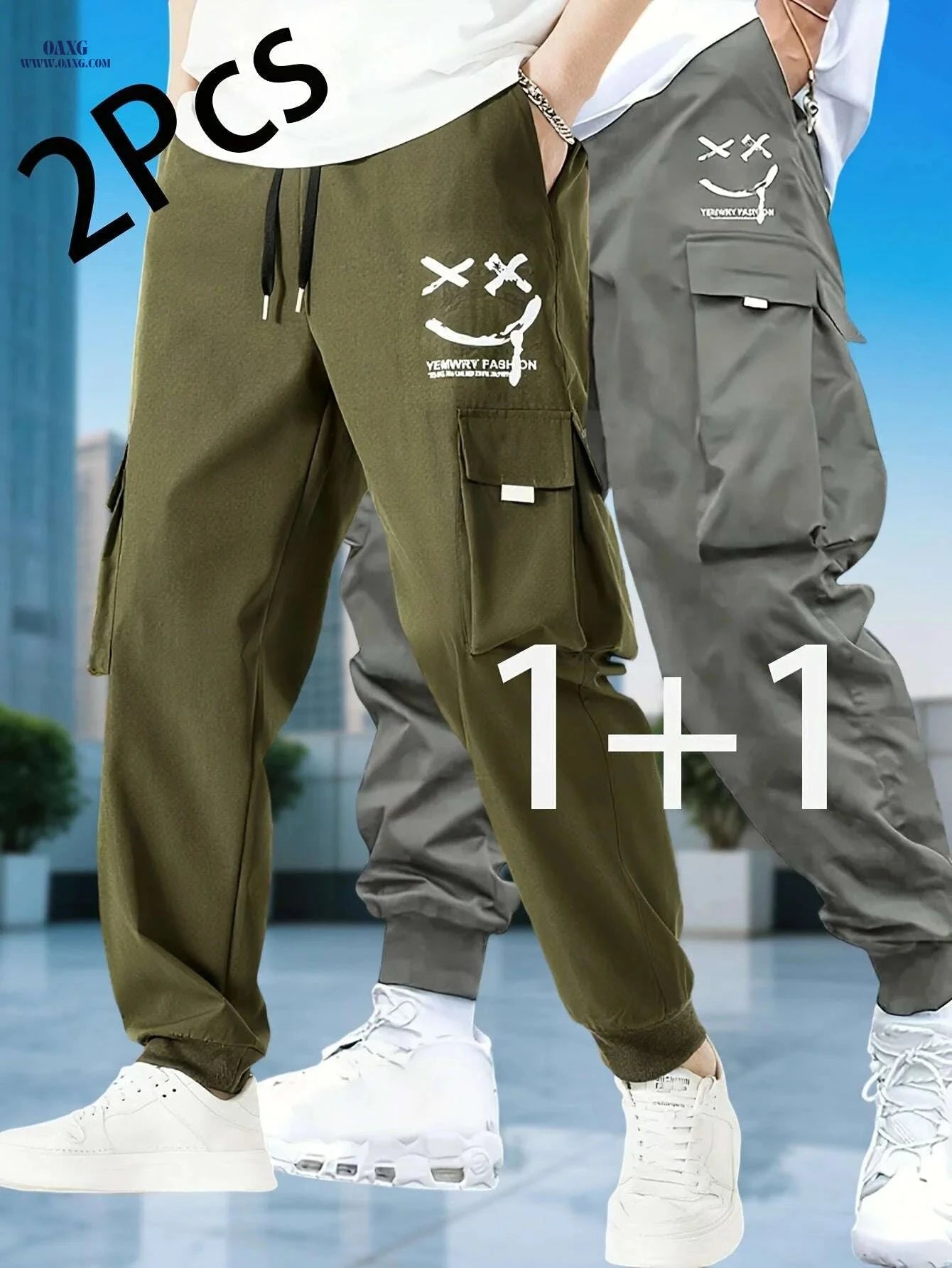 Men's Casual Solid Color Cargo Pants - Drawstring, Multi-Pocket Style   OAXG Black + Apricot / S