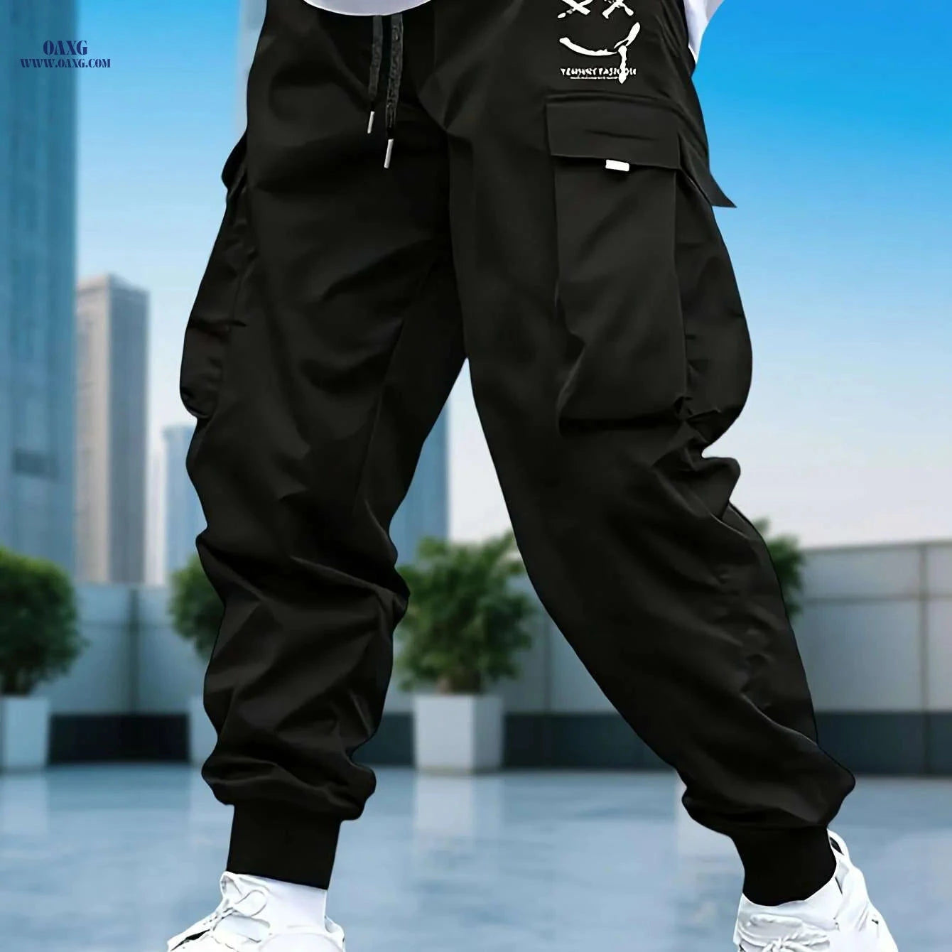 Men's Casual Solid Color Cargo Pants - Drawstring, Multi-Pocket Style   OAXG 