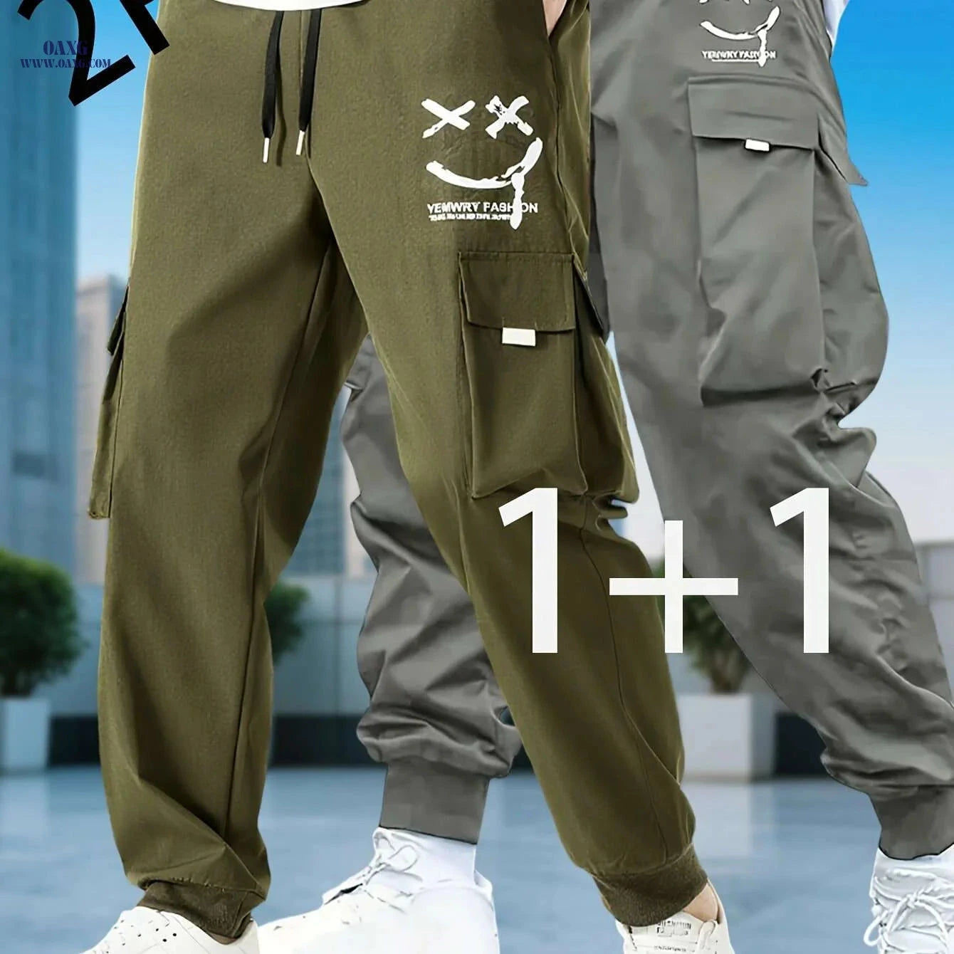 Men's Casual Solid Color Cargo Pants - Drawstring, Multi-Pocket Style   OAXG 