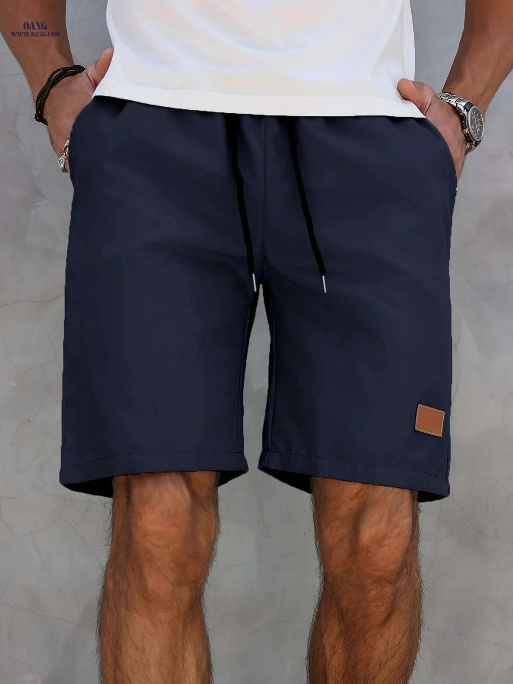 Men’s Casual Solid Color Five-Point Shorts - Elastic Waist, Mid Rise   OAXG 