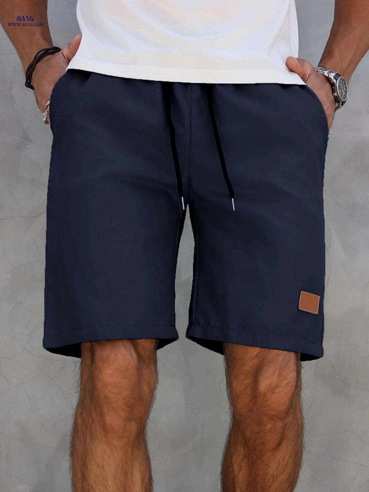 Men’s Casual Solid Color Five-Point Shorts - Elastic Waist, Mid Rise   OAXG 