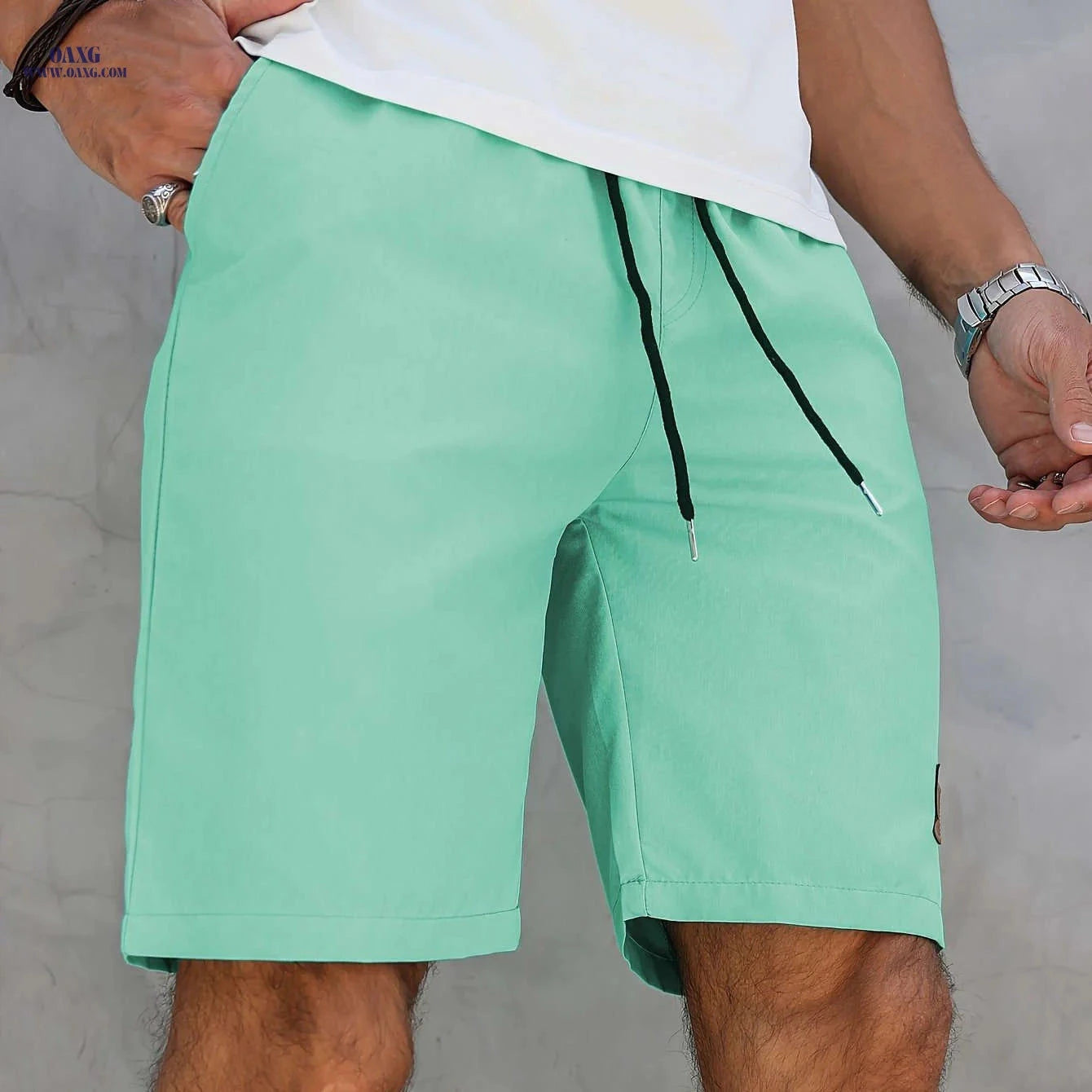 Men’s Casual Solid Color Five-Point Shorts - Elastic Waist, Mid Rise   OAXG 
