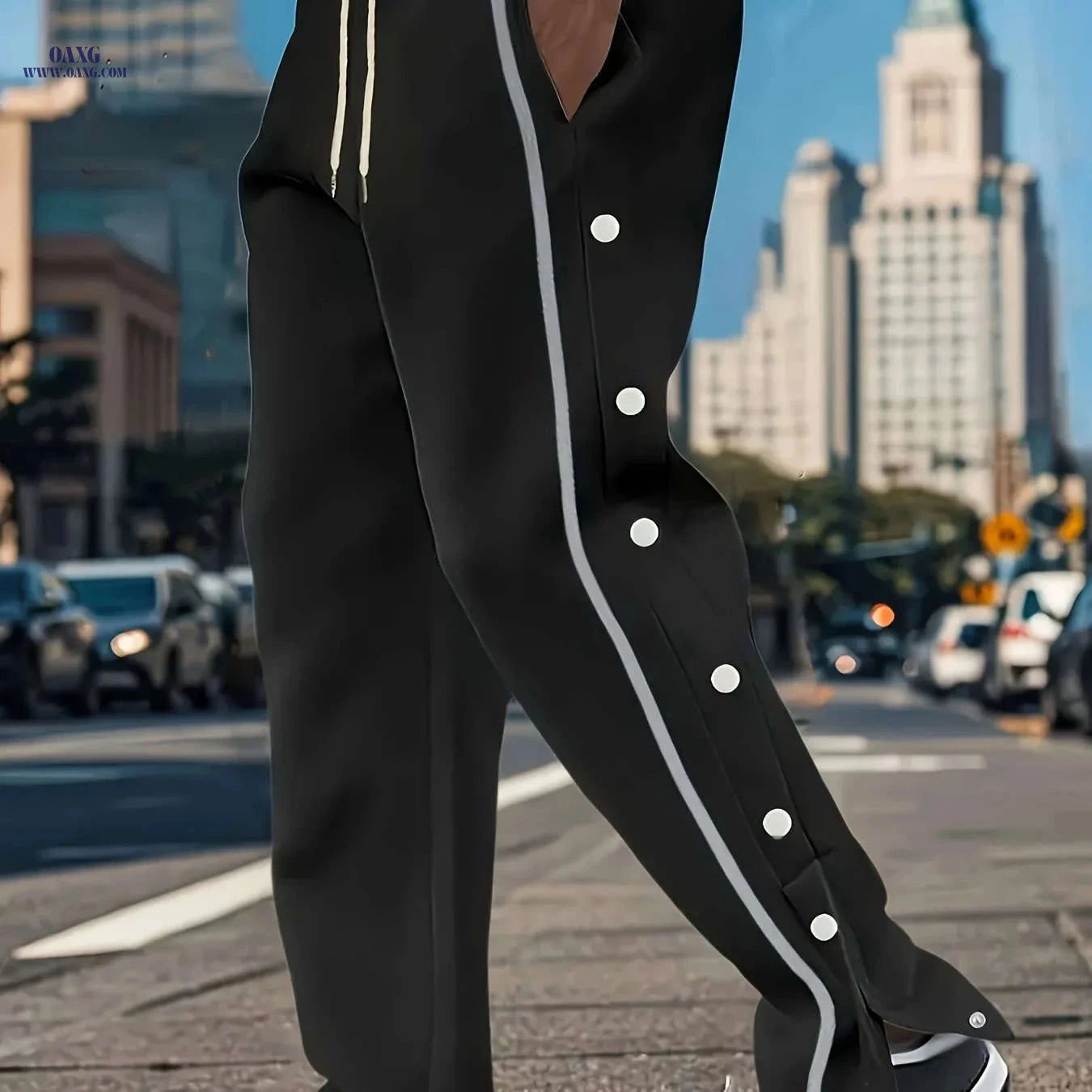 Men's Casual Solid Color Polyester Pants - Stylish Side Stripe Design   OAXG 