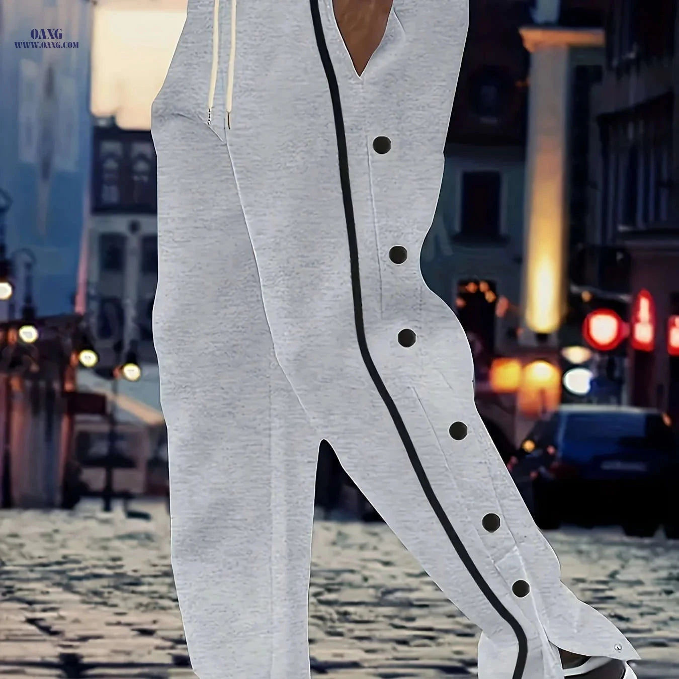 Men's Casual Solid Color Polyester Pants - Stylish Side Stripe Design   OAXG 