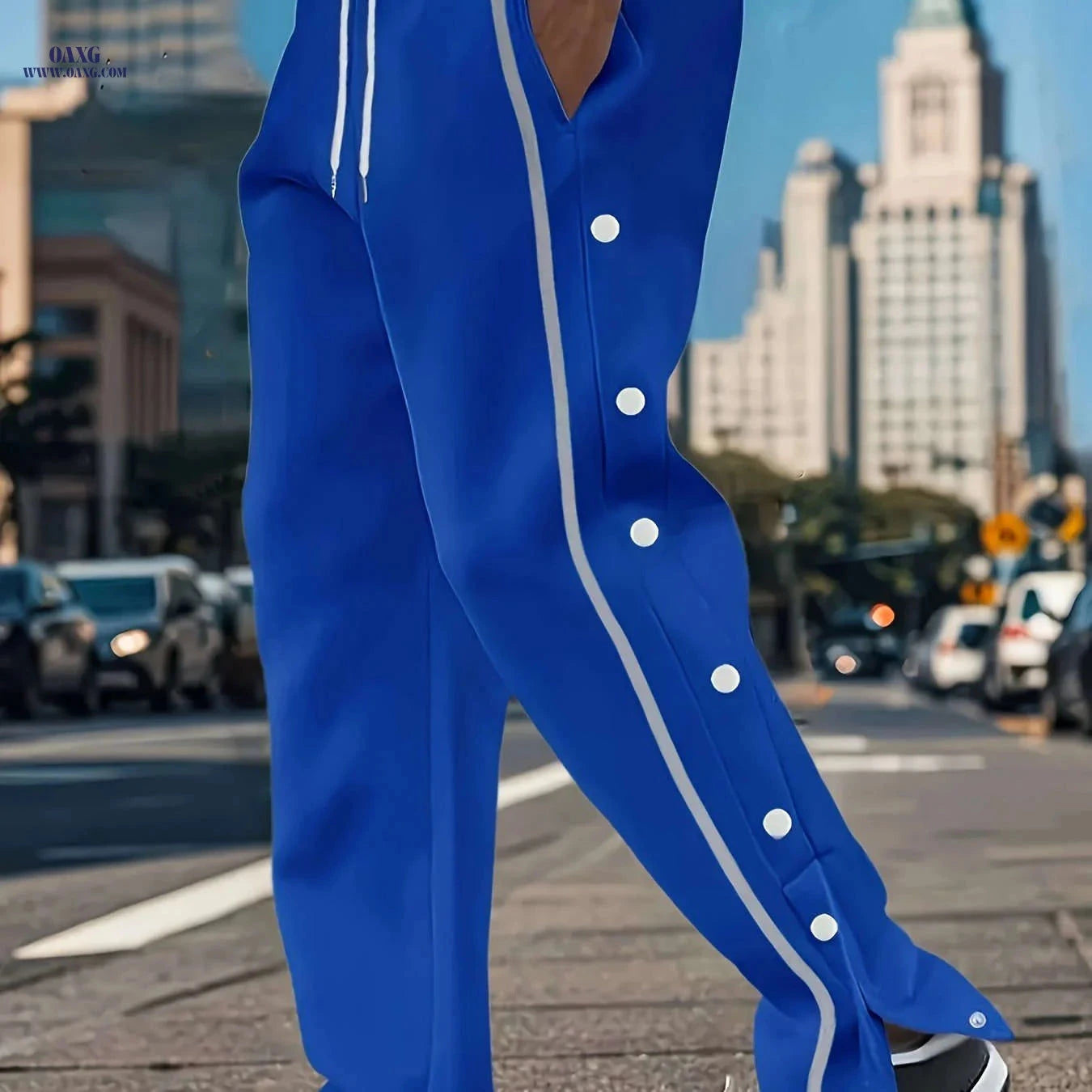 Men's Casual Solid Color Polyester Pants - Stylish Side Stripe Design   OAXG 