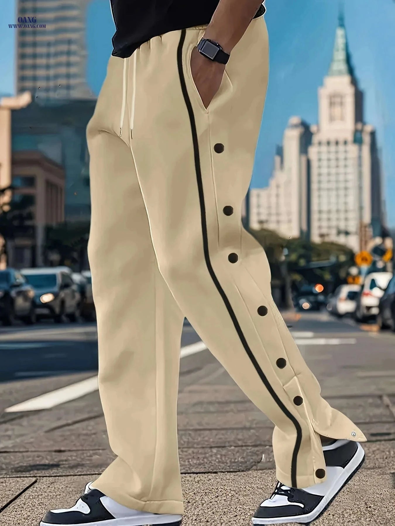 Men's Casual Solid Color Polyester Pants - Stylish Side Stripe Design   OAXG 