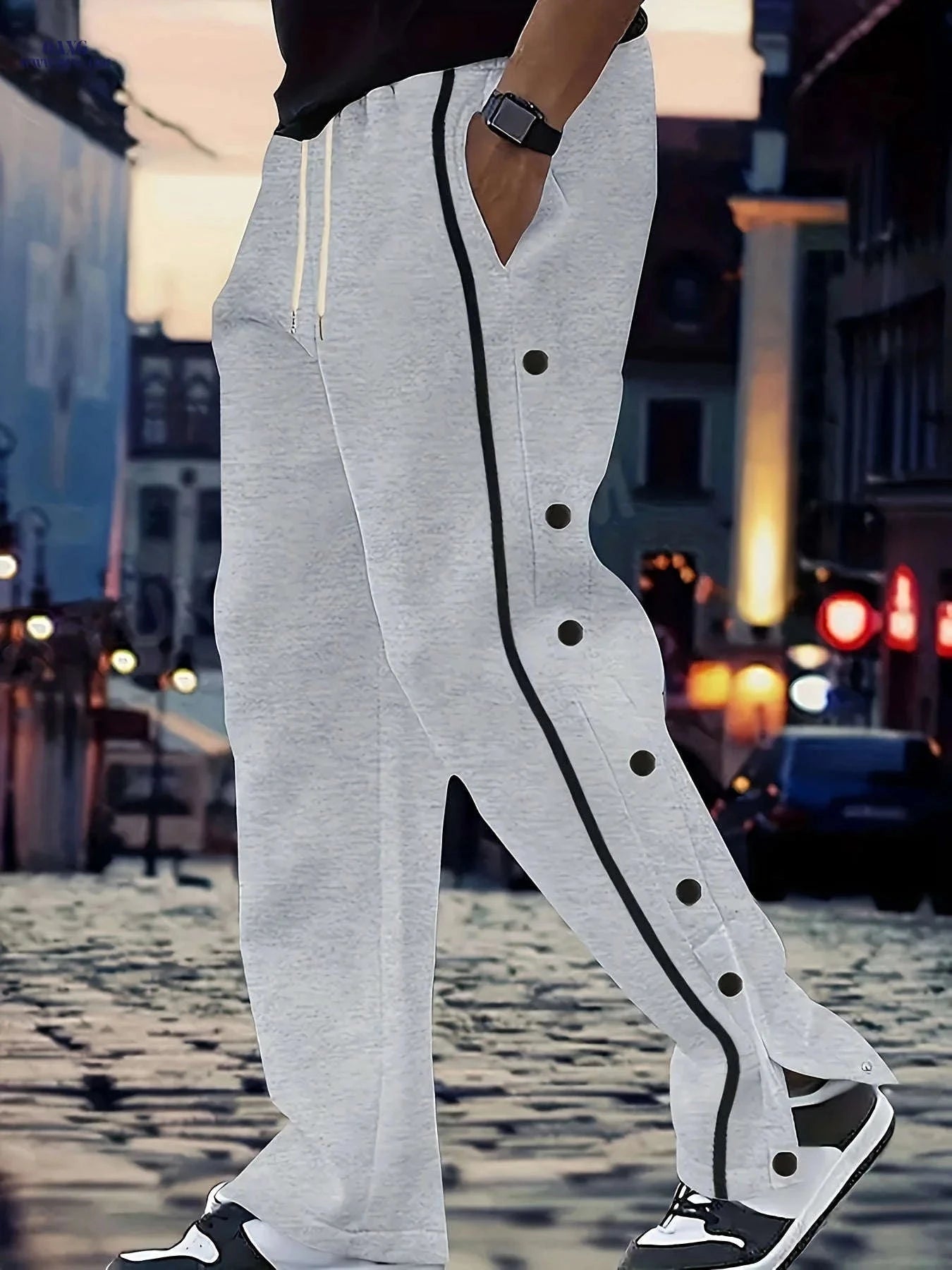 Men's Casual Solid Color Polyester Pants - Stylish Side Stripe Design   OAXG White / FR S
