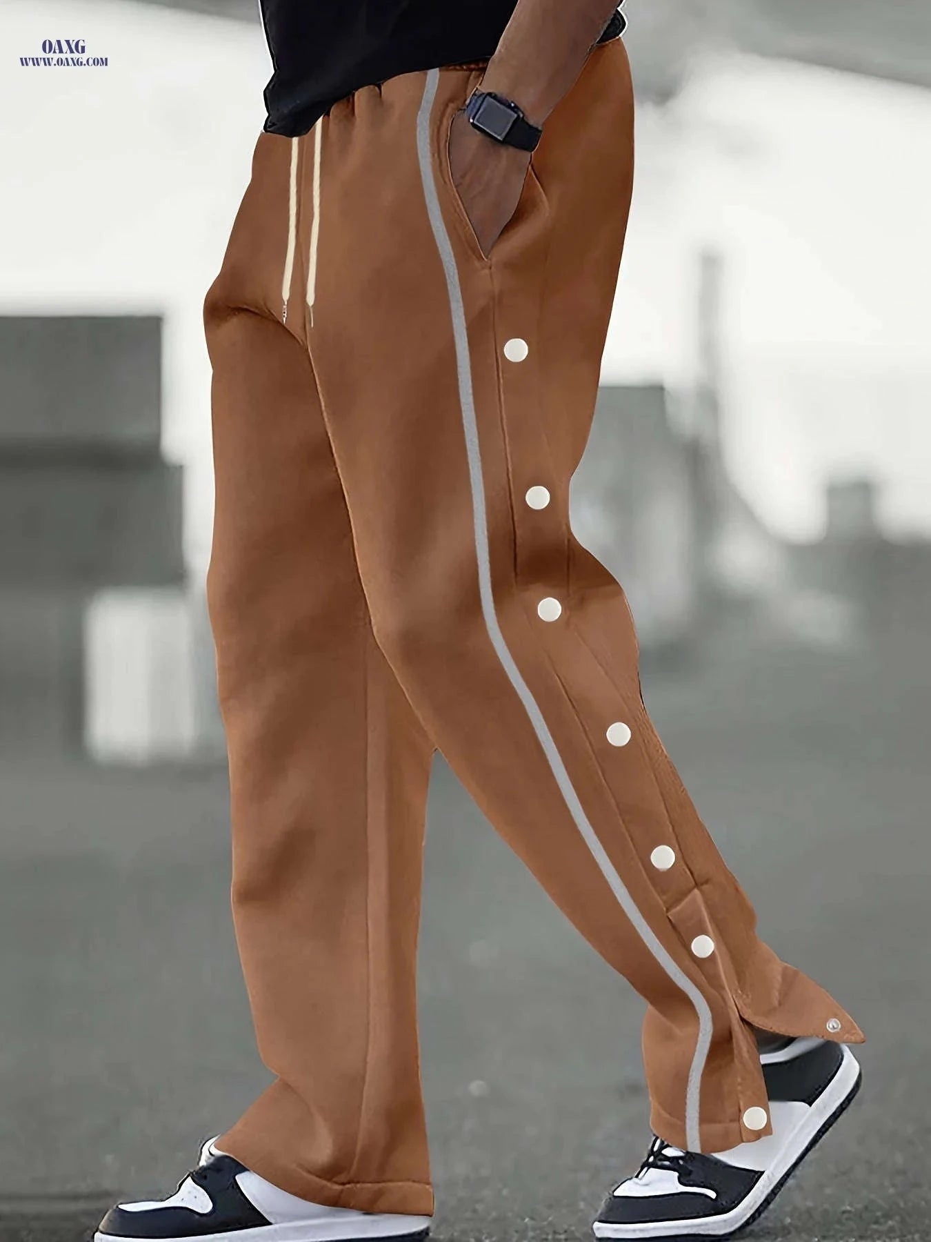 Men's Casual Solid Color Polyester Pants - Stylish Side Stripe Design   OAXG White / FR S