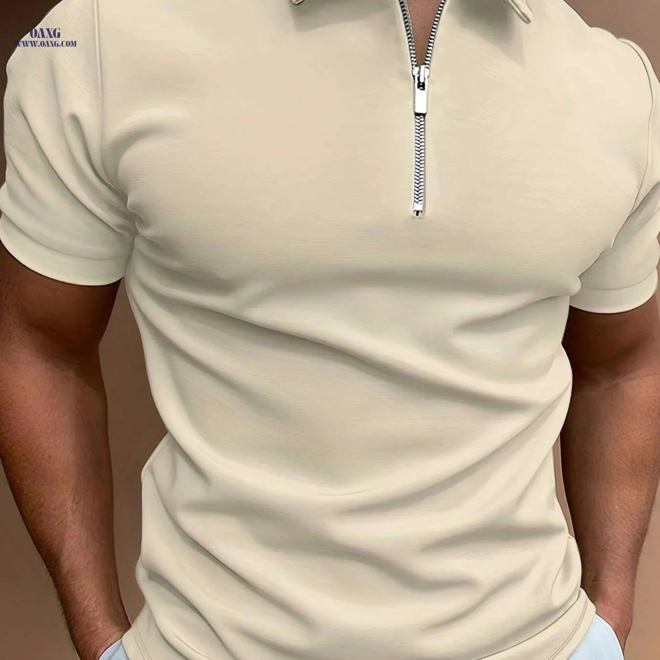 Men's Casual Solid Color Short Sleeve Shirt - Summer Zippered Top   OAXG 