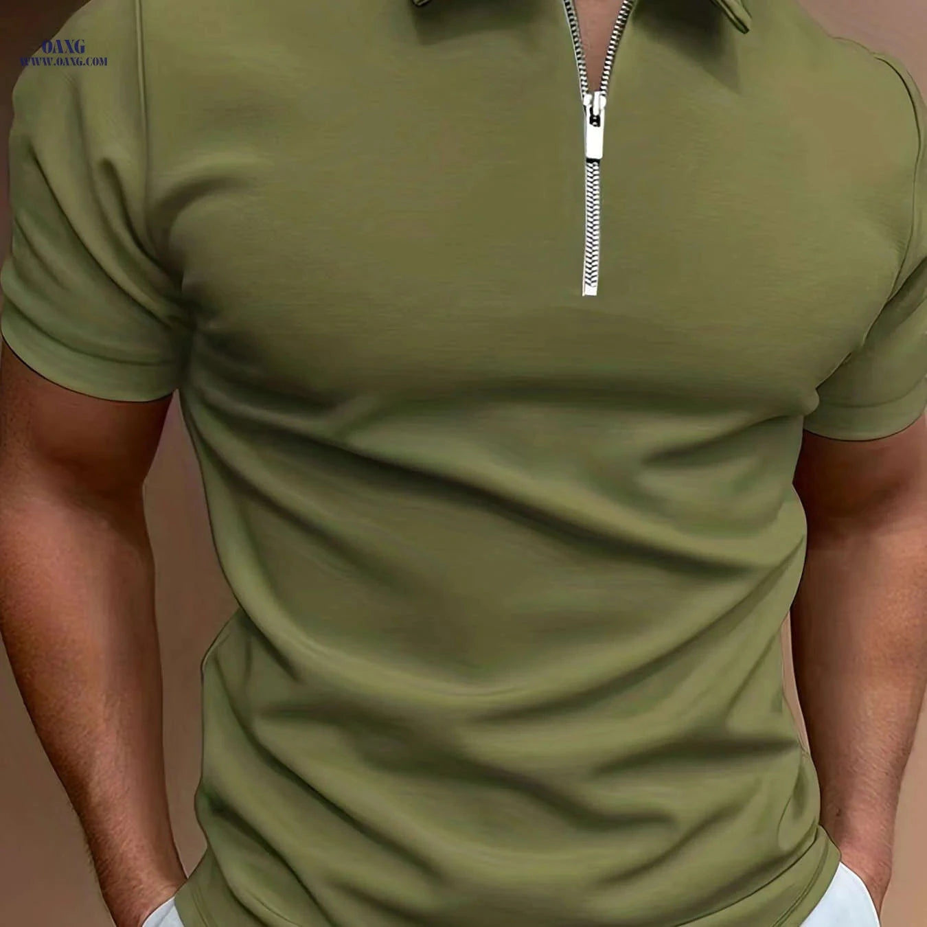 Men's Casual Solid Color Short Sleeve Shirt - Summer Zippered Top   OAXG 
