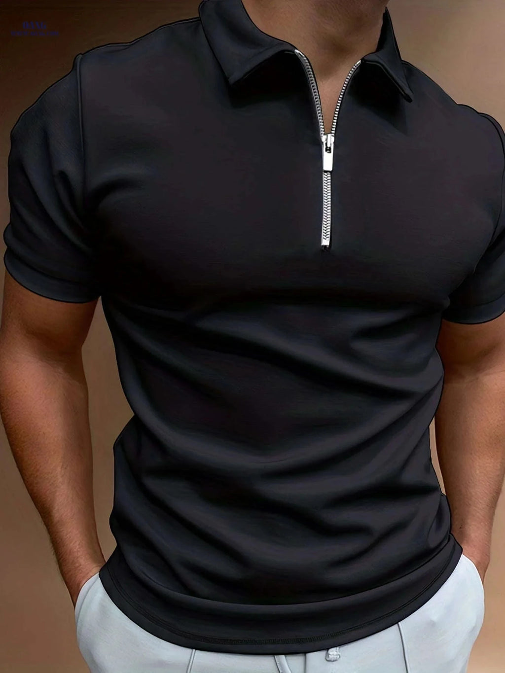 Men's Casual Solid Color Short Sleeve Shirt - Summer Zippered Top   OAXG 