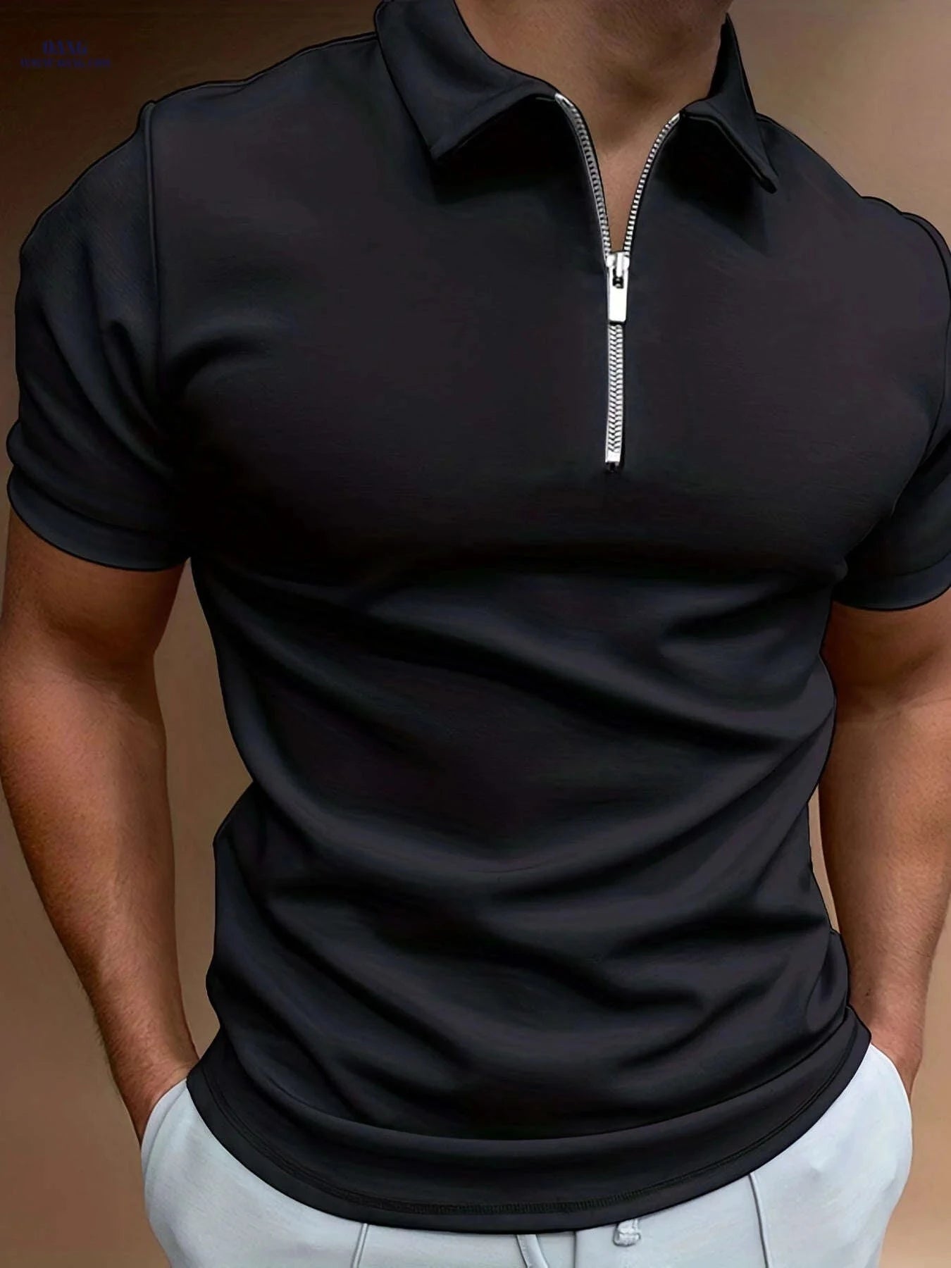 Men's Casual Solid Color Short Sleeve Shirt - Summer Zippered Top   OAXG 