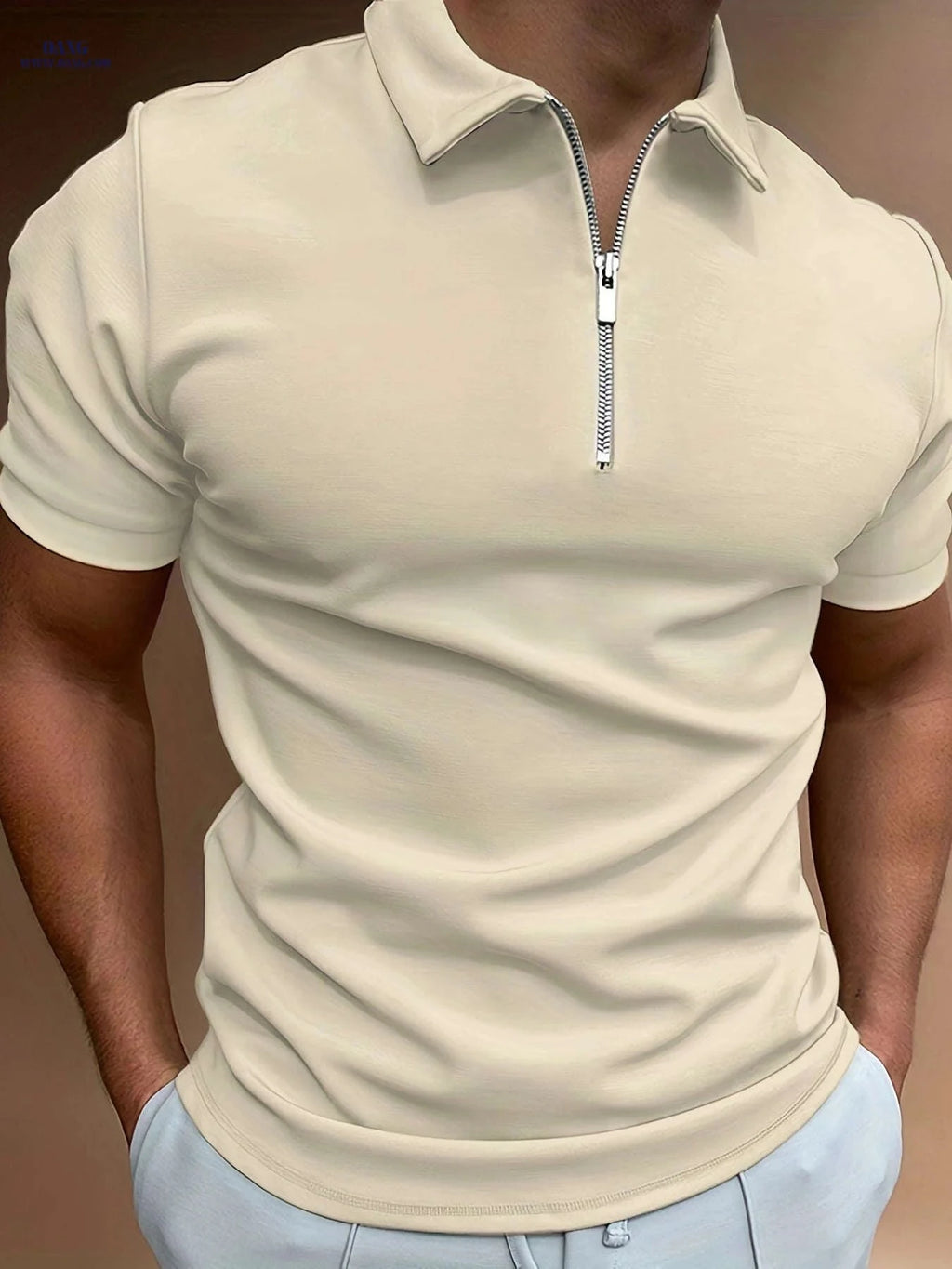 Men's Casual Solid Color Short Sleeve Shirt - Summer Zippered Top   OAXG 