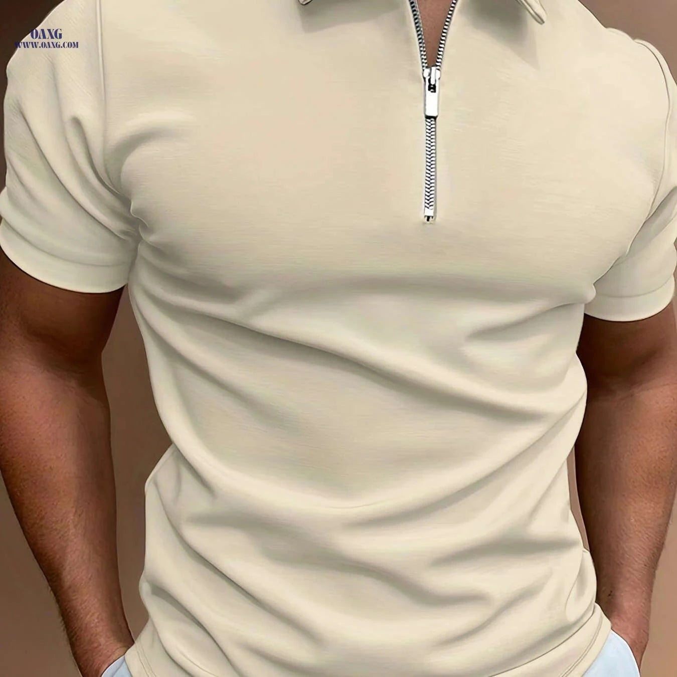 Men's Casual Solid Color Short Sleeve Shirt - Summer Zippered Top   OAXG 